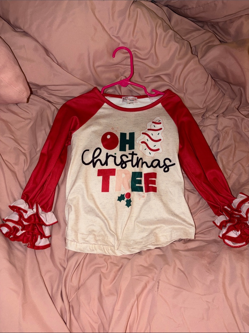 Kids Red & White 'Oh Christmas Tree' Ruffle Sleeve Top